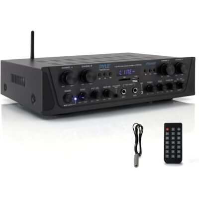 Pyle Wireless Home Audio Amplifier System Bluetooth Compatible Sound Stereo Receiver Amp 6 Channel 600 Watt Power, Digital LCD, Headphone Jack, 1/4'' Microphone IN USB SD AUX RCA FM Radio Pyle Wireless Home Audio Amplifier System Bluetooth Compatible Sound Stereo Receiver Amp 6 Channel 600 Watt Power, Digital LCD, Headphone Jack, 1/4'' Microphone IN USB SD AUX RCA FM Radio