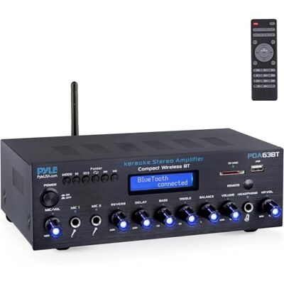 Pyle Wireless BT Stereo Amplifier, Multi Channel, 200 Watt Power, Home Audio Receiver System with FM Radio, USB SD, AUX, RCA, Mic-in, and FM Antenna Pyle Wireless BT Stereo Amplifier, Multi Channel, 200 Watt Power, Home Audio Receiver System with FM Radio, USB SD, AUX, RCA, Mic-in, and FM Antenna