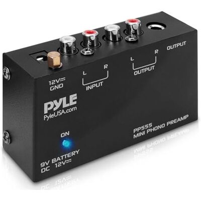 Pyle Phono Turntable Preamp Mini Electronic Audio Stereo Phonograph Preamplifier with 9V Battery Compartment, Separate DC 12V Power Adapter, RCA Input, RCA Output & Low Noise Operation Pyle Phono Turntable Preamp Mini Electronic Audio Stereo Phonograph Preamplifier with 9V Battery Compartment, Separate DC 12V Power Adapter, RCA Input, RCA Output & Low Noise Operation