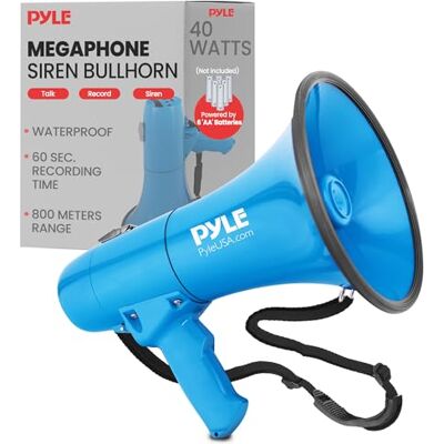 Pyle 40W Megaphone Siren Bullhorn Speaker, Portable and Lightweight Automatic Bullhorn For Indoor and Outdoor Use, 800 Square Yards Projection Range, Use as Siren/Music (Blue) Pyle 40W Megaphone Siren Bullhorn Speaker, Portable and Lightweight Automatic Bullhorn For Indoor and Outdoor Use, 800 Square Yards Projection Range, Use as Siren/Music (Blue)