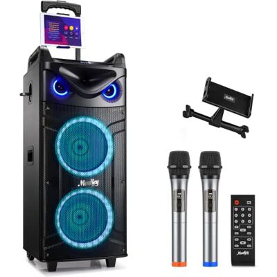 Moukey karaoke-maskin, stor karaoke-anläggning med 2 x 26 cm woofer & 8 cm tweeter & 2 mikrofoner, uppladdningsbar Bluetooth-högtalare med ljuseffekt surfplattehållare TWS/Rec/AUX/USB/TF/FM för fest Moukey karaoke-maskin, stor karaoke-anläggning med 2 x 26 cm woofer & 8 cm tweeter & 2 mikrofoner, uppladdningsbar Bluetooth-högtalare med ljuseffekt surfplattehållare TWS/Rec/AUX/USB/TF/FM för fest
