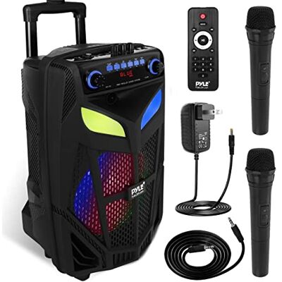 Pyle portabel Bluetooth PA-högtalare – 600W 10” utomhushögtalare med Bluetooth – inkluderar 2 trådlösa mikrofoner, festljus, USB/SD-kortläsare, FM-radio, hjul och fjärrkontroll Pyle portabel Bluetooth PA-högtalare – 600W 10” utomhushögtalare med Bluetooth – inkluderar 2 trådlösa mikrofoner, festljus, USB/SD-kortläsare, FM-radio, hjul och fjärrkontroll