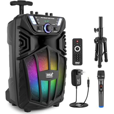 Pyle 480W portabel Bluetooth PA-högtalare – 8” uppladdningsbar karaokehögtalare för utomhusbruk, ljudsystem med trådlös mikrofon och hjul – TWS, partyljus, LED-display, FM/AUX/MP3/USB/SD Pyle 480W portabel Bluetooth PA-högtalare – 8” uppladdningsbar karaokehögtalare för utomhusbruk, ljudsystem med trådlös mikrofon och hjul – TWS, partyljus, LED-display, FM/AUX/MP3/USB/SD