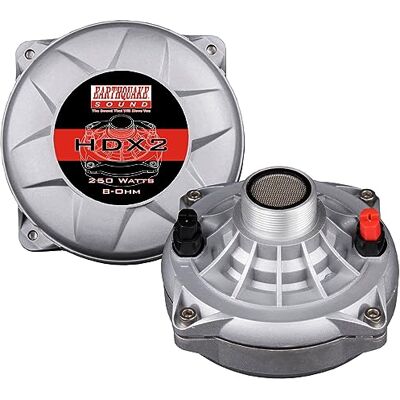 Earthquake PR-HDX2 Compression Horn Tweeter Driver Phenolic Diaphragm, 8 Ohm, 2" Voice Coil, 150 WRMS / 250W MAX, 110dB (Pair), Silver Earthquake PR-HDX2 Compression Horn Tweeter Driver Phenolic Diaphragm, 8 Ohm, 2" Voice Coil, 150 WRMS / 250W MAX, 110dB (Pair), Silver