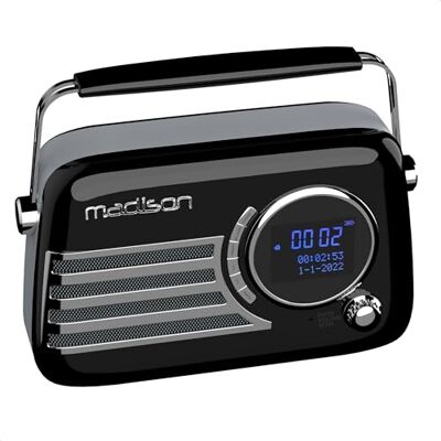 Madison FREESOUND-VR40BK-DAB Vintage DAB+-radio med långt batteri DAB+, FM, Bluetooth & USB Subwoofer bak Glansig svart Vintage, Nostalgia, Retro Madison FREESOUND-VR40BK-DAB Vintage DAB+-radio med långt batteri DAB+, FM, Bluetooth & USB Subwoofer bak Glansig svart Vintage, Nostalgia, Retro