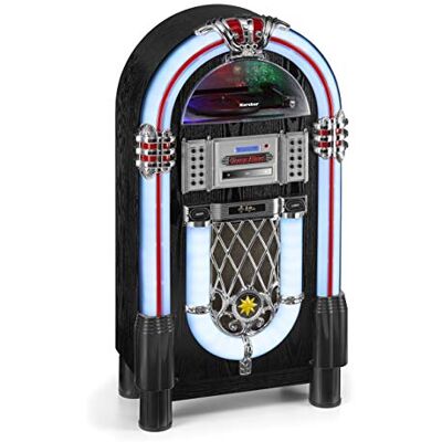 Karcher JB 6608D Jukebox (med skivspelare – CD-spelare och Bluetooth ljudströmning, FM- och DAB+ radio med stationsminne, MP3-uppspelning via USB eller SD-kort, Lightshow) svart Karcher JB 6608D Jukebox (med skivspelare – CD-spelare och Bluetooth ljudströmning, FM- och DAB+ radio med stationsminne, MP3-uppspelning via USB eller SD-kort, Lightshow) svart