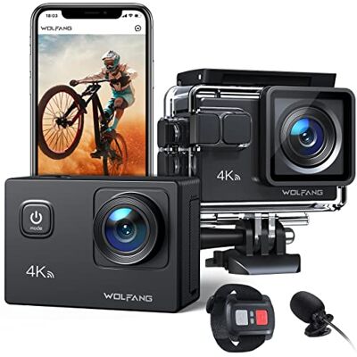 WOLFANG GA100 Action Cam 4K 20 MP undervattenskamera, WiFi, 40 m, vattentät is, bildstabilisator, hjälmkamera, 170° vidvinkel, videokamera (extern mikrofon, 2 batterier och tillbehörssats) WOLFANG GA100 Action Cam 4K 20 MP undervattenskamera, WiFi, 40 m, vattentät is, bildstabilisator, hjälmkamera, 170° vidvinkel, videokamera (extern mikrofon, 2 batterier och tillbehörssats)