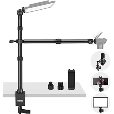 NEEWER TL253A+DS001 bordskamerastativ med 2 teleskoparmar, telefonhållare, kulhuvuden, skruvadapter, bordsljusstativ för kamera, mobiltelefon, webbkamera, ringljus NEEWER TL253A+DS001 bordskamerastativ med 2 teleskoparmar, telefonhållare, kulhuvuden, skruvadapter, bordsljusstativ för kamera, mobiltelefon, webbkamera, ringljus