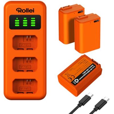 Rollei NP-FW50 3-pack batterier och laddare set 3-vägs snabbladdning med USB-C-anslutning 100% kompatibel med Sony ZV-E10 A7-serien, A6000, A6500, A6300, A6400, A5100, A5000, A3000, A55, RX10 Rollei NP-FW50 3-pack batterier och laddare set 3-vägs snabbladdning med USB-C-anslutning 100% kompatibel med Sony ZV-E10 A7-serien, A6000, A6500, A6300, A6400, A5100, A5000, A3000, A55, RX10
