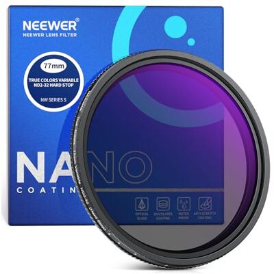 NEEWER 77 mm äkta färger hårt stopp, variabelt ND-filter ND2-32 (1-5 stopp) begränsat neutralt densitetsfilter, flerbelagt HD optiskt glas/ingen x kors/aluminiumram/vatten/repa NEEWER 77 mm äkta färger hårt stopp, variabelt ND-filter ND2-32 (1-5 stopp) begränsat neutralt densitetsfilter, flerbelagt HD optiskt glas/ingen x kors/aluminiumram/vatten/repa