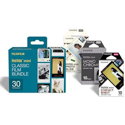 instax mini klassisk filmbunt, 30 bilder som innehåller 1 x 10 skott av foto-glid- och kontaktbladsdesignkanter, plus 1 x 10 shot monokrom film instax mini klassisk filmbunt, 30 bilder som innehåller 1 x 10 skott av foto-glid- och kontaktbladsdesignkanter, plus 1 x 10 shot monokrom film