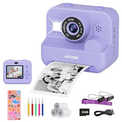 ASTGMI Omedelbar kamera, 2,4 tum barnkamera med utskriftspapper och 32 GB kort, selfie- och videoläge, leksakspresent för barn, pojkar, flickor 3–14 år (lila) ASTGMI Omedelbar kamera, 2,4 tum barnkamera med utskriftspapper och 32 GB kort, selfie- och videoläge, leksakspresent för barn, pojkar, flickor 3–14 år (lila)