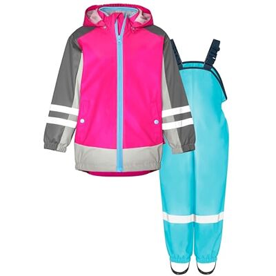 Playshoes regnset, tvådelad 3-i-1 regnjacka och regnbyxor, vattentät, 3-i-1 rosa-turkos, 104 Playshoes regnset, tvådelad 3-i-1 regnjacka och regnbyxor, vattentät, 3-i-1 rosa-turkos, 104