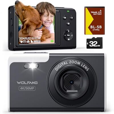 WOLFANG Digital kamera, 4K barnkamera för fotografering, 56 MP kompakt vloggningskamera, 16 x digital zoomvideokamera, bilfokuspunkt och skjuta digitala kameror, gåva för studenter tonåringar WOLFANG Digital kamera, 4K barnkamera för fotografering, 56 MP kompakt vloggningskamera, 16 x digital zoomvideokamera, bilfokuspunkt och skjuta digitala kameror, gåva för studenter tonåringar