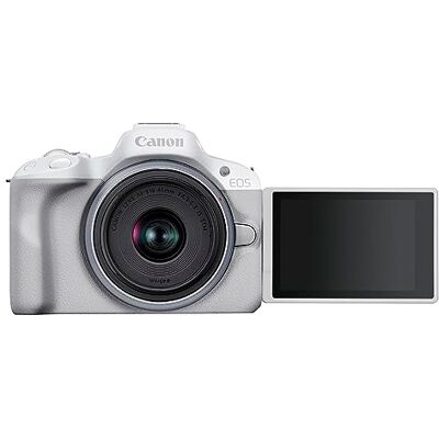 Canon EOS R50 + RF-S 18-45 mm F4,5-6,3 IS STM 24,2 MP APS-C spegelfri kamera Upp till 15 fps Cont. Dual Pixel CMOS AF II 4K 30p Vari-vinkelskärm Bluetooth och WiFi Vit Canon EOS R50 + RF-S 18-45 mm F4,5-6,3 IS STM 24,2 MP APS-C spegelfri kamera Upp till 15 fps Cont. Dual Pixel CMOS AF II 4K 30p Vari-vinkelskärm Bluetooth och WiFi Vit