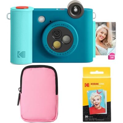 Kodak Smile+ 2-i-1 Direktutskriftskamera & Trådlös Foto Skrivare Startpaket + Mjukväska + Zink 20pk Foto Papper 10MP, Rotationslins Blå Kodak Smile+ 2-i-1 Direktutskriftskamera & Trådlös Foto Skrivare Startpaket + Mjukväska + Zink 20pk Foto Papper 10MP, Rotationslins Blå