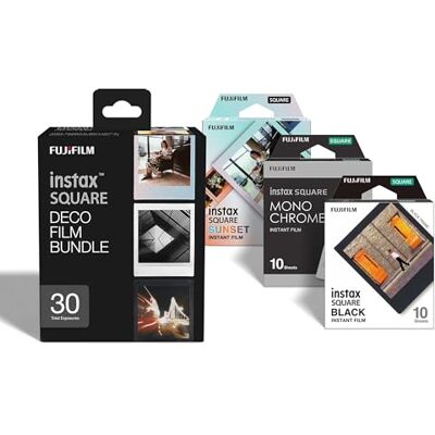 instax FYRKANTIG film Deco filmbunt, 30 bilder som innehåller 1 x 10 skott paket med svart och solnedgång designkanter och 1 x 10 skott Monchrome instax FYRKANTIG film Deco filmbunt, 30 bilder som innehåller 1 x 10 skott paket med svart och solnedgång designkanter och 1 x 10 skott Monchrome