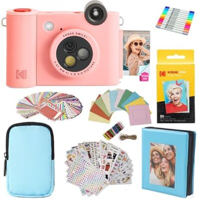 Kodak Smile+ 2-i-1 Direktutskriftskamera & Foto Skrivare Presentpaket + Väska + Zink 20pk Foto Papper + Album + Klisterramar + Markörer Rosa Kodak Smile+ 2-i-1 Direktutskriftskamera & Foto Skrivare Presentpaket + Väska + Zink 20pk Foto Papper + Album + Klisterramar + Markörer Rosa
