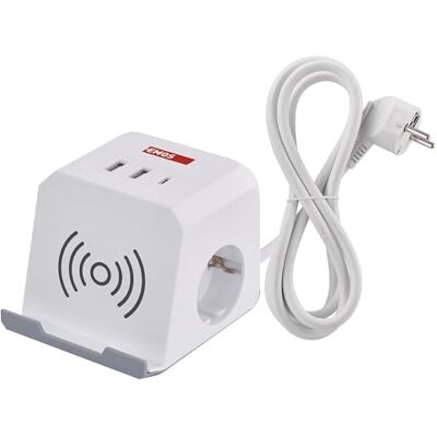 EMOS uttagskub med USB och QI laddningsstation, 2 x Schuko-uttag, 2 x USB-A-port, 1 x USB-C-port, 1 x Qi-laddningsstation med mobiltelefonstativ, 2 m kabel, ökat kontaktskydd EMOS uttagskub med USB och QI laddningsstation, 2 x Schuko-uttag, 2 x USB-A-port, 1 x USB-C-port, 1 x Qi-laddningsstation med mobiltelefonstativ, 2 m kabel, ökat kontaktskydd