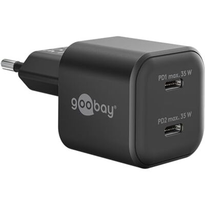 goobay USB-C™ PD GaN dubbel snabbladdare, Nano 35 W, svart strömförsörjning med 2 portar och kompakt laddare för mobiltelefon, surfplatta, kamera, Power Delivery, reseadapter, 75333 goobay USB-C™ PD GaN dubbel snabbladdare, Nano 35 W, svart strömförsörjning med 2 portar och kompakt laddare för mobiltelefon, surfplatta, kamera, Power Delivery, reseadapter, 75333