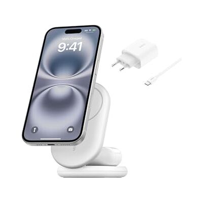 Belkin BoostCharge 2-i-1 magnetisk hopfällbar Qi2-laddare 15 W, trådlös MagSafe-snabbladdare för Apple iPhone 12/13/14/15, laddningsstation med halkfri sockel, strömförsörjning medföljer Vit Belkin BoostCharge 2-i-1 magnetisk hopfällbar Qi2-laddare 15 W, trådlös MagSafe-snabbladdare för Apple iPhone 12/13/14/15, laddningsstation med halkfri sockel, strömförsörjning medföljer Vit