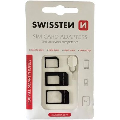 Swissten 4-i-1 SIM-adapter NanoSIM till MicroSIM-adapter, MicroSIM till standard SIM-kort, NanoSIM till standard SIM-kort kompatibel med alla smartphones och surfplattor Swissten 4-i-1 SIM-adapter NanoSIM till MicroSIM-adapter, MicroSIM till standard SIM-kort, NanoSIM till standard SIM-kort kompatibel med alla smartphones och surfplattor