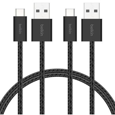 Belkin 2-Pack Flätad Kabel för USB-A till USB-C, 1.5 m, 15 W Mjuk, flexibel snabbladdningskabel, laddningskabel för Type-C för iPhone 16- och 17-serien, Galaxy S25, Pixel 10, iPad Pro,m.fl. Svart Belkin 2-Pack Flätad Kabel för USB-A till USB-C, 1.5 m, 15 W Mjuk, flexibel snabbladdningskabel, laddningskabel för Type-C för iPhone 16- och 17-serien, Galaxy S25, Pixel 10, iPad Pro,m.fl. Svart