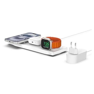 Belkin MagSafe 3-i-1 snabb trådlös laddare, MFi-certifierad snabbladdande reseplatta för iPhone 15, 14, 13, 12, Apple Watch 9, 8, 7, 6, Ultra och tidigare, AirPods 2, och AirPods Pro Belkin MagSafe 3-i-1 snabb trådlös laddare, MFi-certifierad snabbladdande reseplatta för iPhone 15, 14, 13, 12, Apple Watch 9, 8, 7, 6, Ultra och tidigare, AirPods 2, och AirPods Pro