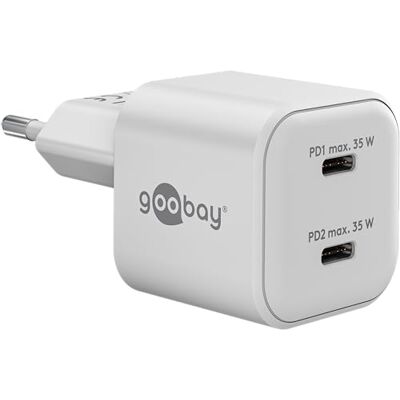 goobay USB-C™ PD GaN 75334 Dual Rapid Charger Nano 35 W vit strömförsörjning med 2 portar kompakt laddare för mobiltelefon, surfplatta, kamera, kraftleverans goobay USB-C™ PD GaN 75334 Dual Rapid Charger Nano 35 W vit strömförsörjning med 2 portar kompakt laddare för mobiltelefon, surfplatta, kamera, kraftleverans