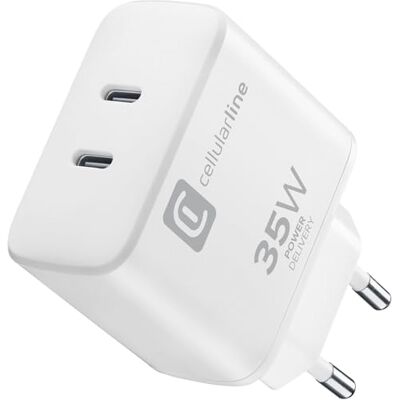 Cellular Line Dubbel laddare 35 W Caricabatterie da rete Strömförsörjning 35 W con doppia porta USB-C Carica contemporaneamente fino a 2 dispositivi Apple Bianco Cellular Line Dubbel laddare 35 W Caricabatterie da rete Strömförsörjning 35 W con doppia porta USB-C Carica contemporaneamente fino a 2 dispositivi Apple Bianco