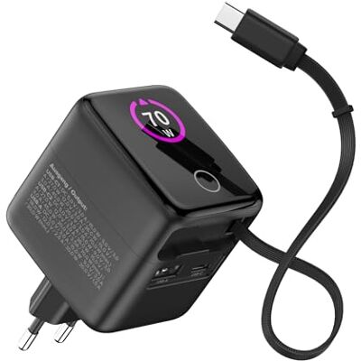 InLine USB C och USB A laddare 70 W, med avtagbar kabel, GAN-ström med skärm, strömförsörjning och snabbladdning, svart, 31507R InLine USB C och USB A laddare 70 W, med avtagbar kabel, GAN-ström med skärm, strömförsörjning och snabbladdning, svart, 31507R