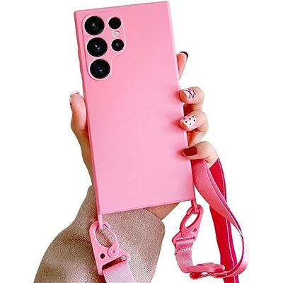 BOUFE För Samsung Galaxy S22 Ultra nylonband, mobiltelefonkedja, fodral, mjuk silikon, mobilskal med fashionabelt hängande snöre, fodral (rosa) BOUFE För Samsung Galaxy S22 Ultra nylonband, mobiltelefonkedja, fodral, mjuk silikon, mobilskal med fashionabelt hängande snöre, fodral (rosa)