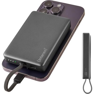 Intenso MC10000 magnetisk powerbank 10 000 mAh med USB-C-kabel Mobilt batteri med PD 3.0, 20 W snabb laddning, magnetisk vidhäftning för iPhone, ultrakompakt i grått, LED-status Intenso MC10000 magnetisk powerbank 10 000 mAh med USB-C-kabel Mobilt batteri med PD 3.0, 20 W snabb laddning, magnetisk vidhäftning för iPhone, ultrakompakt i grått, LED-status