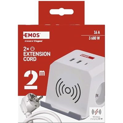 EMOS – uttagskub med USB och QI laddningsstation, 2 X franska uttag, 2 x USB-A-port, 1 x USB-C-port, 1 x Qi-laddningsstation med mobiltelefonstativ, 2 m kabel, ökat kontaktskydd EMOS – uttagskub med USB och QI laddningsstation, 2 X franska uttag, 2 x USB-A-port, 1 x USB-C-port, 1 x Qi-laddningsstation med mobiltelefonstativ, 2 m kabel, ökat kontaktskydd