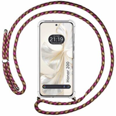 Tumundosmartphone Transparent hängande fodral för Huawei Honor 200 5G med dragsko rosa/guld Tumundosmartphone Transparent hängande fodral för Huawei Honor 200 5G med dragsko rosa/guld