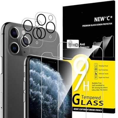 NEW'C Set med 4, 2 x Skärmskydd för iPhone 11 Pro och 2 x kameralinsskydd i härdat glas Fri från luftbubblor Ultrabeständigt 9H hårdhetsglas NEW'C Set med 4, 2 x Skärmskydd för iPhone 11 Pro och 2 x kameralinsskydd i härdat glas Fri från luftbubblor Ultrabeständigt 9H hårdhetsglas