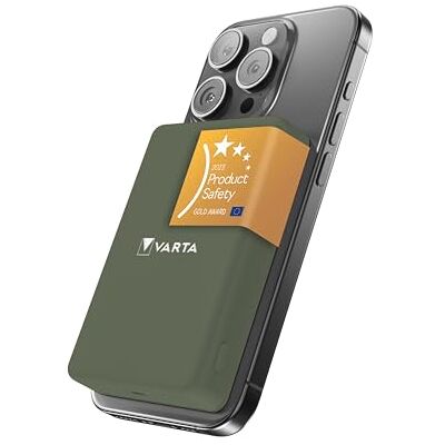 Varta Powerbank 5000 mAh, Mag Pro, magnetisk, trådlös, färg olivgrön Power on Demand, trådlös laddning MagSafe och Qi, laddare med USB Typ C, kompatibel med iPhone och Android Varta Powerbank 5000 mAh, Mag Pro, magnetisk, trådlös, färg olivgrön Power on Demand, trådlös laddning MagSafe och Qi, laddare med USB Typ C, kompatibel med iPhone och Android