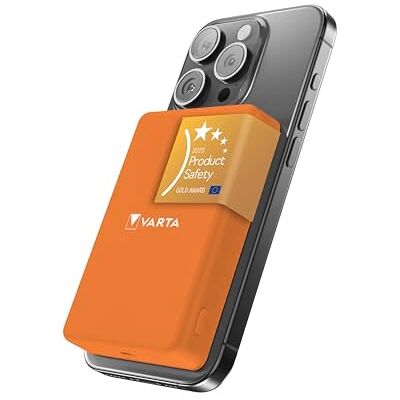Varta Powerbank 5000 mAh, Mag Pro, magnetisk, trådlös, färg orange Power on Demand, trådlös laddning MagSafe och Qi, laddare med USB Typ C, kompatibel med iPhone och Android Varta Powerbank 5000 mAh, Mag Pro, magnetisk, trådlös, färg orange Power on Demand, trådlös laddning MagSafe och Qi, laddare med USB Typ C, kompatibel med iPhone och Android