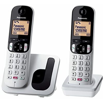 Panasonic KX-TGC252SPS digital trådlös telefon, basenhet och 2 hörlurar, nummeridentifiering och blockering, högtalare, ekologiskt läge, utökad väckarklocka, LCD-skärm, silverfärger Panasonic KX-TGC252SPS digital trådlös telefon, basenhet och 2 hörlurar, nummeridentifiering och blockering, högtalare, ekologiskt läge, utökad väckarklocka, LCD-skärm, silverfärger