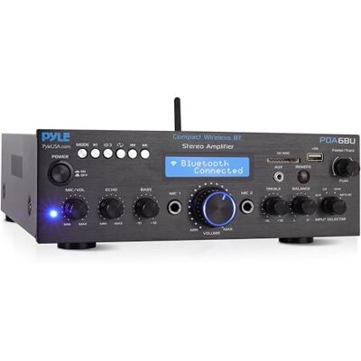 Pyle Wireless Bluetooth Power Amplifier System 200W Dual Channel Sound Audio Stereo Receiver w/USB, SD, AUX, MIC IN w/Echo, Radio, LCD For Home Theater Entertainment via RCA, Studio Use PDA6BU Pyle Wireless Bluetooth Power Amplifier System 200W Dual Channel Sound Audio Stereo Receiver w/USB, SD, AUX, MIC IN w/Echo, Radio, LCD For Home Theater Entertainment via RCA, Studio Use PDA6BU