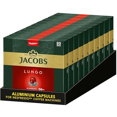 Jacobs Kaffekapslar Lungo Classico, intensitet 6 av 12, 20 Nespresso®* kompatibla kapslar, 10 x 20 drycker Jacobs Kaffekapslar Lungo Classico, intensitet 6 av 12, 20 Nespresso®* kompatibla kapslar, 10 x 20 drycker