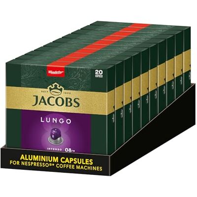 Jacobs Kaffekapslar Lungo Intenso, intensitet 8 av 12, 200 Nespresso®* kompatibla kapslar, 10 x 20 drycker Jacobs Kaffekapslar Lungo Intenso, intensitet 8 av 12, 200 Nespresso®* kompatibla kapslar, 10 x 20 drycker