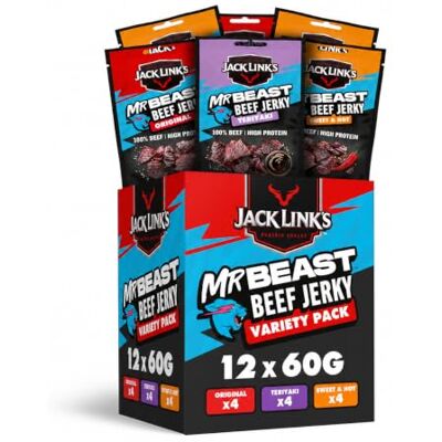 Jack Link's Jack Link’s Beef Jerky Presentset – MrBeast Edition – 12-pack (12 x 60 g) Proteinrikt Snackset – Amerikansk Torkad Nötkött – Presentidé för Män Jack Link's Jack Link’s Beef Jerky Presentset – MrBeast Edition – 12-pack (12 x 60 g) Proteinrikt Snackset – Amerikansk Torkad Nötkött – Presentidé för Män