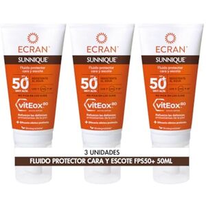 Ecran Sunnique Fluid solskyddsmedel SPF 50 för ansikte och halsringning, UVB + UVA- och IR-A-skydd, stärker försvaret, skyddar huden, återfuktande 24 h, formel med VitEox 80, 3 x 50 ml Ecran Sunnique Fluid solskyddsmedel SPF 50 för ansikte och halsringning, UVB + UVA- och IR-A-skydd, stärker försvaret, skyddar huden, återfuktande 24 h, formel med VitEox 80, 3 x 50 ml
