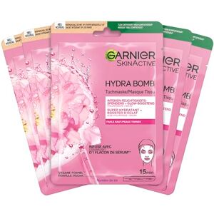 Garnier tygmask, ansiktsmask för blek hud, lysande boostande och fuktgivande, med hyaluronsyra och sakura Hydra Bomb, 5 x 28 g Garnier tygmask, ansiktsmask för blek hud, lysande boostande och fuktgivande, med hyaluronsyra och sakura Hydra Bomb, 5 x 28 g