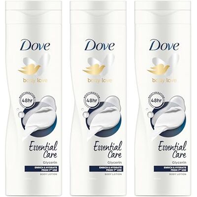 Dove Body Love Essential Care Body Lotion återfuktande hudkräm med glycerin för näring och återfuktning av huden redan vid första användning 3 x 400 ml Dove Body Love Essential Care Body Lotion återfuktande hudkräm med glycerin för näring och återfuktning av huden redan vid första användning 3 x 400 ml