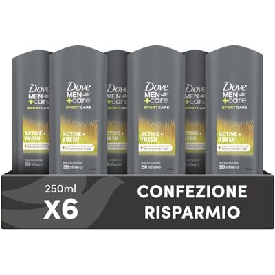 Dove , Men+Care Sports Active, 3-i-1 duschkräm för män, fuktgivande kropp, ansikte och hår, med mikroMoisture-teknik, ger 24 timmars hydrering, 6 st 250 ml Dove , Men+Care Sports Active, 3-i-1 duschkräm för män, fuktgivande kropp, ansikte och hår, med mikroMoisture-teknik, ger 24 timmars hydrering, 6 st 250 ml