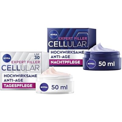 Beiersdorf NIVEA Cellular Expert Filler Hyaluron Set med Anti-Age dagvård och nattvård, extra åtstramande ansiktsvård, hudvård med hyaluronsyra (50 ml) Beiersdorf NIVEA Cellular Expert Filler Hyaluron Set med Anti-Age dagvård och nattvård, extra åtstramande ansiktsvård, hudvård med hyaluronsyra (50 ml)