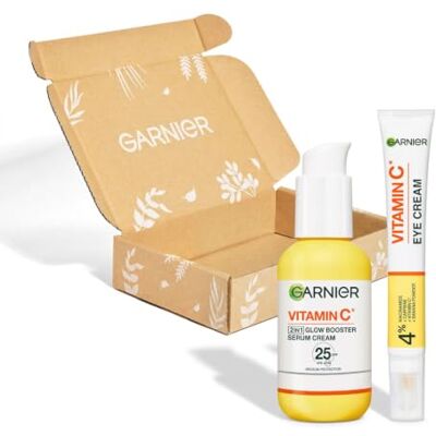 Garnier Vitamin C Glow Booster Set med anti-trötthet ögonvård och serumkräm, för en strålande och jämn hud och för att lindra tecken på trötthet, SkinActive, 2-delad Garnier Vitamin C Glow Booster Set med anti-trötthet ögonvård och serumkräm, för en strålande och jämn hud och för att lindra tecken på trötthet, SkinActive, 2-delad