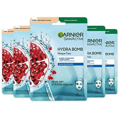Garnier Skin Active – set med hydratiserande och dämpande Hydra Bomb tygmasker – baserat på granatäpple och hyaluronsyra – vegansk och utan djurförsök – komposterbart tyg – för Garnier Skin Active – set med hydratiserande och dämpande Hydra Bomb tygmasker – baserat på granatäpple och hyaluronsyra – vegansk och utan djurförsök – komposterbart tyg – för